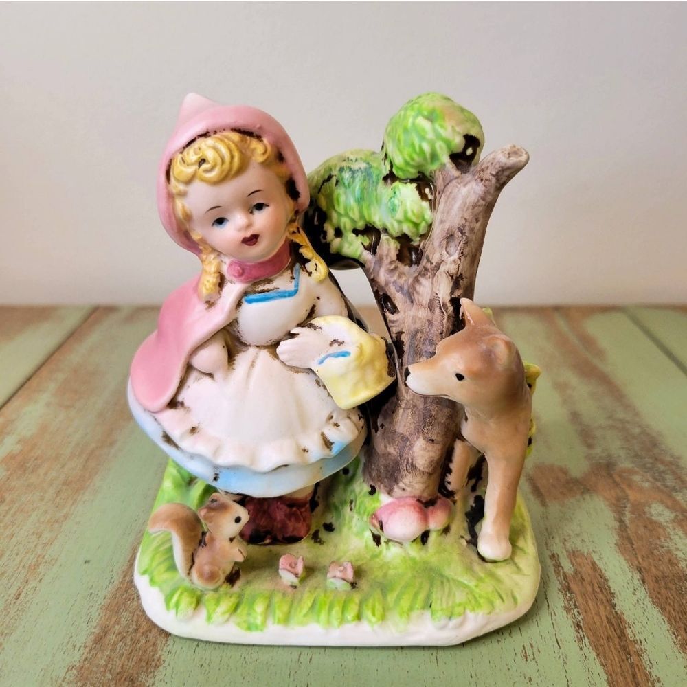 Rare Vintage Little Red Riding Hood Figurine • Deer & Woodland Scene